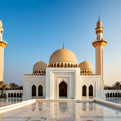 Home 15 A majestic Al-Fatih Grand Mosque in Bahrain, showcasing its pristine white exterior, large golden dome, and elegant towering minarets under a clear blue sky during golden hour. The architecture features intricate arabesque patterns and subtle calligraphic details. In the foreground, a traditional Bahraini house built from sturdy mud and coral stone, with small, uniquely patterned windows and a distinctive 'barajeel' (wind tower) on its roof, emphasizing historical wisdom. The scene conveys a sense of tranquility and timeless beauty, with a focus on professional architectural photography, high detail, and sharp focus. safe for work, appropriate content, fully clothed, family-friendly, perfect anatomy, correct proportions, well-formed.