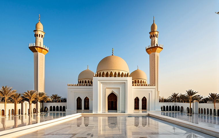 A majestic Al-Fatih Grand Mosque in Bahrain, showcasing its pristine white exterior, large golden dome, and elegant towering minarets under a clear blue sky during golden hour. The architecture features intricate arabesque patterns and subtle calligraphic details. In the foreground, a traditional Bahraini house built from sturdy mud and coral stone, with small, uniquely patterned windows and a distinctive 'barajeel' (wind tower) on its roof, emphasizing historical wisdom. The scene conveys a sense of tranquility and timeless beauty, with a focus on professional architectural photography, high detail, and sharp focus. safe for work, appropriate content, fully clothed, family-friendly, perfect anatomy, correct proportions, well-formed.