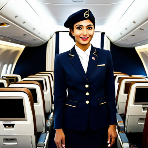 Home 14 A professional Gulf Air flight attendant, fully clothed in a modest, elegant uniform, standing in the aisle of a clean, modern Boeing 787-9 Dreamliner business class cabin. The cabin features spacious seating, soft ambient lighting, and subtle Bahraini cultural design elements. The attendant has a warm, welcoming expression, offering a beverage service. The image should convey high-quality service and comfort. Perfect anatomy, correct proportions, natural pose, well-formed hands, proper finger count, natural body proportions. Safe for work, appropriate content, professional dress, family-friendly. Professional photography, high resolution, detailed, realistic.