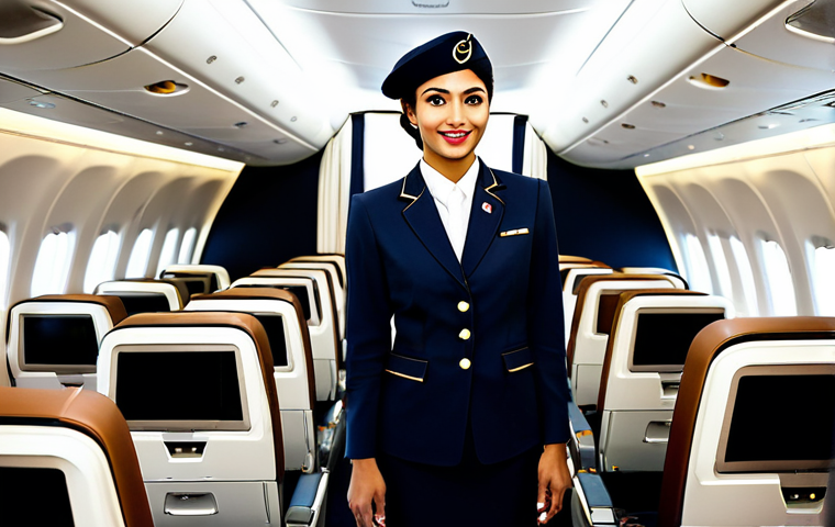 A professional Gulf Air flight attendant, fully clothed in a modest, elegant uniform, standing in the aisle of a clean, modern Boeing 787-9 Dreamliner business class cabin. The cabin features spacious seating, soft ambient lighting, and subtle Bahraini cultural design elements. The attendant has a warm, welcoming expression, offering a beverage service. The image should convey high-quality service and comfort. Perfect anatomy, correct proportions, natural pose, well-formed hands, proper finger count, natural body proportions. Safe for work, appropriate content, professional dress, family-friendly. Professional photography, high resolution, detailed, realistic.