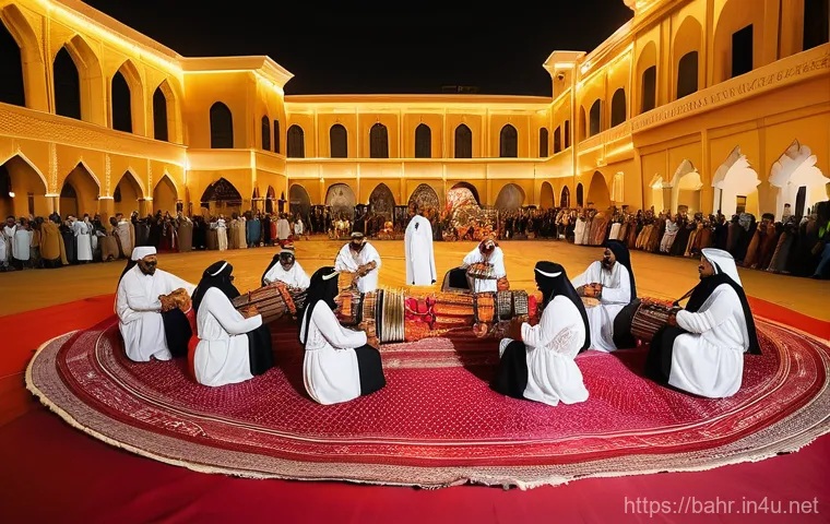 바레인 전통 춤과 음악 - A serene and majestic scene at golden hour depicting Bahrain's rich pearl diving heritage. In the fo...