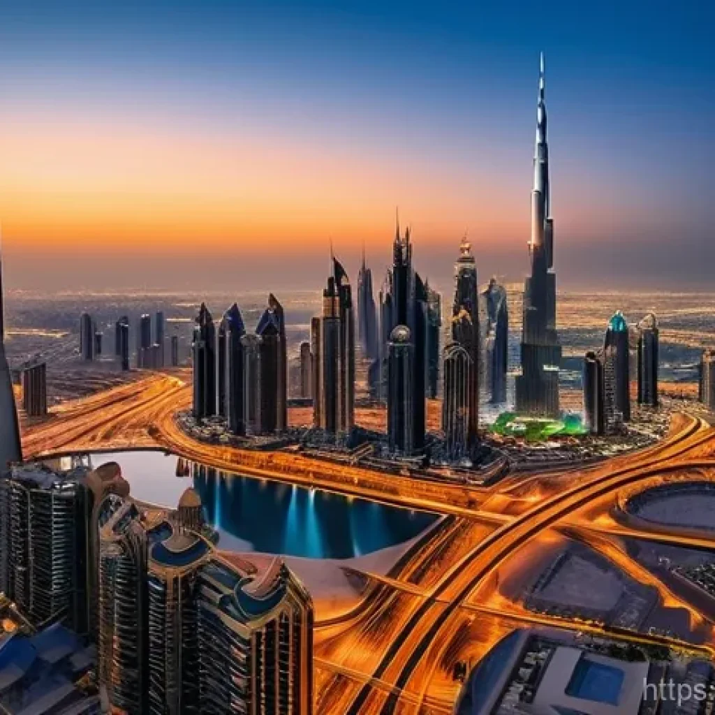 바레인과 UAE 비교 - **Ultra-Modern Dubai Cityscape at Dusk:**
A panoramic view of the ultra-modern Dubai cityscape a...