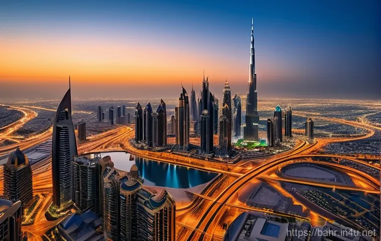 바레인과 UAE 비교 - **Ultra-Modern Dubai Cityscape at Dusk:**
A panoramic view of the ultra-modern Dubai cityscape a...