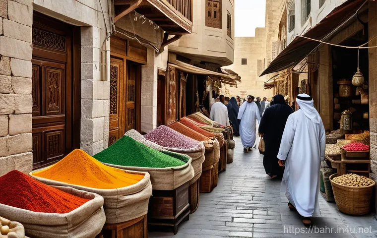 바레인의 상업 지구 - A bustling, authentic traditional market scene in Bab Al Bahrain, Manama. Narrow, winding alleyways ...
