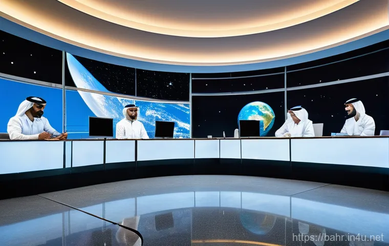 바레인의 과학 기술 연구 - A futuristic, sleek space agency building in Bahrain, with traditional Islamic architectural influen...