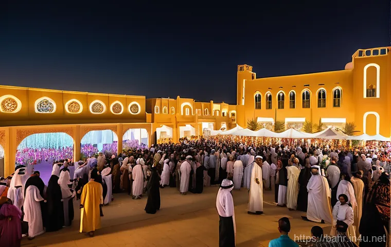 바레인의 국제 페스티벌 - **Prompt 1: Vibrant Bahraini Night Festival - A Cultural Melting Pot**
A wide shot of a bustling...