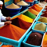 Home 9 바레인의 향신료 시장 - **Vibrant Bab el-Bahrain Souk Spice Stall:** A wide shot of a bustling and colorful spice stall in t...