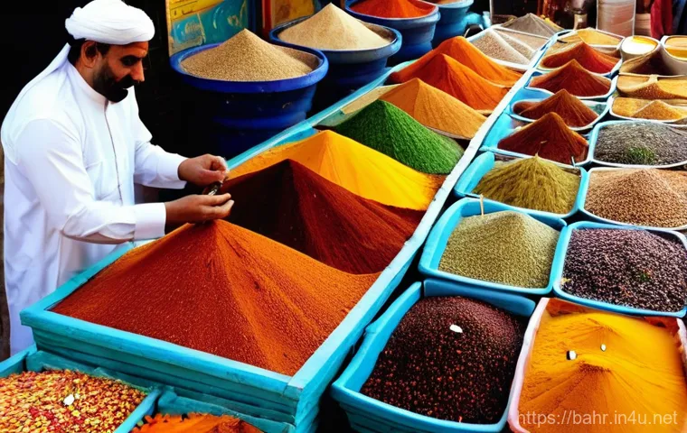 바레인의 향신료 시장 - **Vibrant Bab el-Bahrain Souk Spice Stall:** A wide shot of a bustling and colorful spice stall in t...