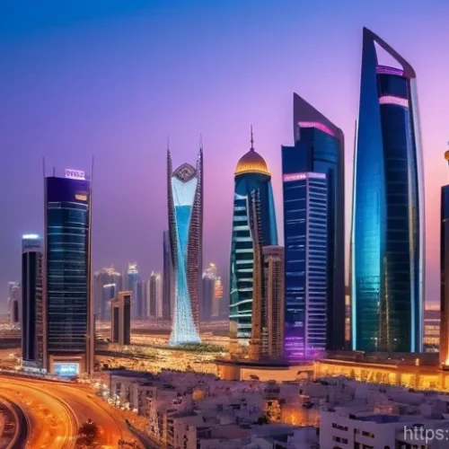 Home 20 바레인의 석유 박물관 - A vibrant cityscape of Manama, Bahrain, at dusk, showcasing a blend of futuristic high-rise skyscrap...