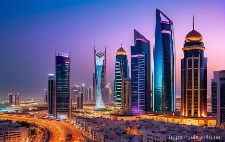 바레인의 석유 박물관 - A vibrant cityscape of Manama, Bahrain, at dusk, showcasing a blend of futuristic high-rise skyscrap...